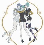  3others androgynous bangs blue_eyes blue_hair blunt_bangs colored_eyelashes crystal_hair eyebrows_visible_through_hair full_body gem_uniform_(houseki_no_kuni) golden_arms green_eyes green_hair grin hand_holding hand_on_another&#039;s_hip head_hug heterochromia high_heels highres houseki_no_kuni hug interlocked_fingers jure_0006 looking_at_viewer multiple_others multiple_persona necktie phosphophyllite phosphophyllite_(ll) see-through_sleeves short_hair smile spoilers white_eyes 