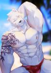  abs absurd_res anthro black_nose clothed clothing cute_fangs fur hi_res littleblackalas male mammal muscular muscular_male one_eye_closed pecs solo tattoo topless ursid white_fur 