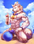  abs absurd_res anthro black_nose canid canine canis clothed clothing cloud dessert food fur hi_res ice_cream littleblackalas male mammal muscular muscular_male pecs sky solo tongue tongue_out topless white_fur wolf 