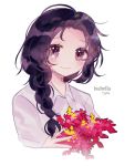  1girl black_hair blush braid chachaitea09 character_name closed_mouth eyes_visible_through_hair flower grey_eyes holding holding_flower isabella_(yakusoku_no_neverland) looking_at_viewer neck_tattoo red_flower shirt simple_background smile solo tattoo tears white_background white_skin yakusoku_no_neverland yellow_flower 