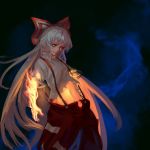  1girl black_background bow commentary dress fire fujiwara_no_mokou glowing hair_bow inishie_kumo long_hair navel panties red_eyes shirt smirk solo suspenders torn_clothes torn_shirt touhou underwear very_long_hair white_hair white_shirt 