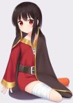  1girl bandage bandaged_leg bandages belt black_legwear blush brown_belt brown_cape brown_hair cape commentary_request dress frown full_body highres kake_kan kono_subarashii_sekai_ni_shukufuku_wo! long_sleeves looking_at_viewer megumin mismatched_legwear red_dress red_eyes seiza single_thighhigh sitting solo strapless strapless_dress thighhighs 