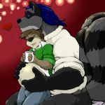  &lt;3 1:1 arcus beverage clothed clothing cup hi_res lutrine male male/male male_pregnancy mammal multi_tail mustelid pandottermon pants pregnant procyonid raccoon shirt sitting size_difference thomas topwear 