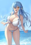  1girl :d absurdres ahoge ass_visible_through_thighs bangs bare_arms bare_shoulders bikini blue_hair blue_sky blush breasts cleavage collarbone commentary_request day elf eyebrows_visible_through_hair feet_out_of_frame highres hololive horizon large_breasts leaning_forward lkdv long_hair looking_at_viewer ocean open_mouth outdoors pointy_ears sky smile solo standing strap_gap swimsuit thighs very_long_hair virtual_youtuber water white_bikini yellow_eyes yukihana_lamy 