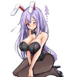  1girl ;) amagi_(amagi626) animal_ears bare_arms bare_shoulders black_footwear black_legwear black_leotard black_neckwear blush bow bowtie breasts bunny_ears bunny_tail bunnysuit cleavage detached_collar high_heels large_breasts leotard long_hair looking_at_viewer one_eye_closed pantyhose purple_eyes purple_hair reisen_udongein_inaba shoes simple_background sitting smile solo tail touhou very_long_hair white_background 