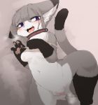  2019 anthro black_fur blush bottomless breasts censored chipar clothed clothing collar domestic_cat felid feline felis female fur grey_fur grey_hair hair hi_res mammal navel nipples open_mouth partially_clothed pawpads paws purple_eyes pussy pussy_juice solo white_fur 