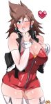  1girl bare_shoulders blue_eyes breasts brown_hair cleavage highres jacket kingdom_hearts large_breasts lightsource lipstick long_hair looking_at_viewer makeup milf mother one_eye_closed parted_lips solo spiky_hair thighhighs wink 