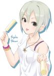  1girl black_eyes bra_strap bracelet character_name collarbone earrings food ginnote hair_between_eyes holding holding_food ice_cream idolmaster idolmaster_cinderella_girls jewelry looking_at_viewer necklace off_shoulder popsicle shiny shiny_hair shiomi_shuuko shirt short_hair silver_hair simple_background solo tongue tongue_out upper_body white_background white_shirt 