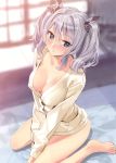  1girl absurdres bangs bare_legs barefoot blue_eyes blurry blurry_background blush bow breasts buttons cleavage eyebrows_visible_through_hair full_body hair_bow highres indoors kantai_collection kashima_(kantai_collection) long_hair long_sleeves looking_at_viewer medium_breasts parted_lips scan shiny shiny_hair shirt silver_hair simple_background sitting solo thighs toes twintails wariza yahako 