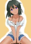  1girl :d black_hair blue_shorts blush breasts brown_background cleavage collarbone dark_skin ginnote hair_between_eyes halterneck head_tilt idolmaster idolmaster_cinderella_girls medium_breasts medium_hair natalia_(idolmaster) open_mouth purple_eyes shiny shiny_hair shirt short_shorts short_sleeves shorts sitting sketch smile solo white_shirt 