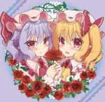  2girls :d ascot bangs beni_kurage blonde_hair blue_background blue_hair blush bow brooch commentary_request dress eyebrows_visible_through_hair flandre_scarlet flower frilled_shirt_collar frills gradient gradient_background hair_between_eyes hand_holding hat hat_bow hat_ribbon holding holding_flower jewelry looking_at_viewer mob_cap multiple_girls open_mouth pink_dress pink_headwear pointy_ears purple_background red_bow red_eyes red_flower red_neckwear red_ribbon red_rose red_vest remilia_scarlet ribbon rose shirt short_hair siblings sidelocks sisters smile thorns touhou vest white_headwear white_shirt wrist_cuffs yellow_neckwear 