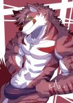  2016 absurd_res anthro canid canine canis clothed clothing fur green_eyes hi_res littleblackalas looking_at_viewer male mammal muscular muscular_male pecs red_fur solo tongue tongue_out topless underwear white_fur wolf 