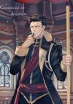  1boy black_hair church commission cross holding holding_cross holding_staff indoors julia_yit long_sleeves looking_at_viewer male_focus original rope rosary serious staff standing upper_body watermark window yellow_eyes 