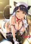  1girl animal_ears bell black_hair blush bow bra breasts cat_ears cat_tail choker cleavage collarbone eyebrows_visible_through_hair frilled_bra frilled_legwear frills gloves hand_up harunoibuki high_heels kneeling large_breasts leash looking_at_viewer maid_headdress milk neck_bell original paw_pose red_footwear ribbon-trimmed_bra smile solo tail thighhighs tongue tongue_out underwear white_bra white_gloves wooden_floor yellow_eyes 