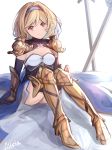  1girl alisia0812 arm_support armored_boots black_gloves black_legwear black_sleeves blonde_hair blue_hairband blue_skirt boots breasts brown_eyes cleavage detached_sleeves djeeta_(granblue_fantasy) gloves granblue_fantasy hair_between_eyes hairband highres long_skirt long_sleeves looking_at_viewer medium_breasts short_hair shoulder_armor signature simple_background sitting skirt smile solo spaulders strapless sword thigh_boots thighhighs weapon white_background yellow_footwear 