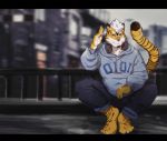  2017 4_toes anthro barefoot claws clothed clothing felid fully_clothed fur hi_res hoodie littleblackalas male mammal pantherine pants solo striped_fur striped_tail stripes tiger toe_claws toes 