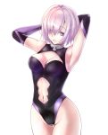  1girl armpits arms_behind_head black_leotard breasts cleavage cleavage_cutout cowboy_shot elbow_gloves eyebrows_visible_through_hair fate/grand_order fate_(series) gloves hair_between_eyes hair_over_one_eye highleg highleg_leotard highres leotard mash_kyrielight medium_breasts midriff navel navel_cutout open_mouth pink_hair purple_eyes rikudou_inuhiko short_hair simple_background solo standing stomach white_background 