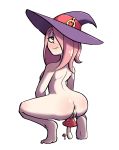  1girl anus ass barefoot blush breasts closed_mouth crotch_rub female full_body hair_over_one_eye half-closed_eyes happy hat highres little_witch_academia looking_back medium_breasts mushroom nose_blush nude pink_hair purple_hat pussy red_eyes shiny shiny_hair shiny_skin simple_background smile solo squatting steecks sucy_manbavaran uncensored white_background witch_hat 