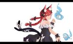  1girl alternate_costume animal_ear_fluff animal_ears arms_up bare_shoulders black_choker black_dress braid cat_ears cat_tail choker dress extra_ears flaming_skull frilled_dress frills from_side hair_between_eyes hair_ribbon head_tilt hiemal_(winter_crow) highres kaenbyou_rin letterboxed looking_at_viewer looking_back multiple_tails panties pantyshot pantyshot_(standing) red_eyes red_hair ribbon short_hair simple_background smile solo standing strapless strapless_dress tail tail_ribbon touhou tress_ribbon twin_braids underwear upper_body white_background white_panties wrist_cuffs 