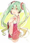  1girl :d bangs blush brown_shirt collared_shirt commentary_request detached_sleeves eyebrows_visible_through_hair fingernails green_background green_eyes green_hair green_nails green_neckwear hair_between_eyes hair_ornament hand_up hatsune_miku headphones headset highres long_hair long_sleeves looking_at_viewer looking_to_the_side nail_polish necktie open_mouth outline pleated_skirt red_skirt red_sleeves shirt sidelocks skirt sleeves_past_wrists smile sofra solo tie_clip two-tone_background very_long_hair vocaloid white_background white_outline 