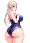 1girl ass back bare_shoulders blonde_hair blue_swimsuit blush braid breasts curvy elf erect_nipples green_eyes highres huge_ass image_sample large_breasts long_hair looking_at_viewer looking_back low_ponytail one-piece_swimsuit open_mouth original pointy_ears ponytail school_swimsuit simple_background solo swimsuit thick_thighs thighs tsukumiya_amane twitter_sample white_background wide_hips 