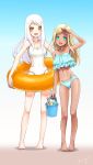  2girls :d arm_up bare_arms bare_legs bare_shoulders barefoot bikini blonde_hair blue_bikini blue_eyes breasts bucket cleavage collarbone covered_navel dark_skin eve_santaclaus full_body gluteal_fold gradient gradient_background groin highres holding holding_bucket idolmaster idolmaster_cinderella_girls innertube layla_(idolmaster) legs_apart looking_at_viewer minazukio9 multiple_girls navel one-piece_swimsuit open_mouth orange_innertube shading_eyes shadow smile standing straight_hair swimsuit white_hair white_swimsuit yellow_eyes 