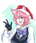  animal_humanoid blush breasts cage_(artist) cat_humanoid christmas clothed clothing felid felid_humanoid feline feline_humanoid female gloves green_eyes hair hat holidays humanoid looking_at_viewer mammal one_eye_closed pink_hair santa_hat solo 