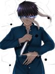  1boy azarashi_(azrsot) bandage_on_face black_hair blue_eyes blue_jacket frown hair_between_eyes highres holding holding_knife jacket knife long_sleeves looking_at_viewer male_focus solo standing toono_shiki tsukihime upper_body 