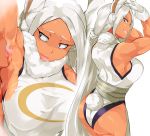  1girl animal_ears armpit_licking armpits ass bangs bare_arms bare_shoulders boku_no_hero_academia breasts bunny_ears bunny_tail cafekun commentary_request dark_skin from_behind gloves grin highleg highleg_leotard highres large_breasts leotard licking long_hair looking_at_another looking_at_viewer multiple_views muscle parted_bangs simple_background smile solo_focus tail usagiyama_rumi very_long_hair white_gloves 