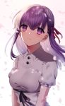  1girl absurdres ai_(blacktea_milk) black_ribbon breasts dress eyebrows_visible_through_hair fate/stay_night fate_(series) floating_hair hair_between_eyes hair_ribbon highres long_hair looking_at_viewer matou_sakura medium_breasts purple_eyes purple_hair red_ribbon rei_no_himo ribbon short_sleeves smile solo upper_body white_background white_dress 