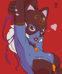  1girl 2019 armpits arms_up black_gloves blue_skin breasts cat_mask cleavage collar elbow_gloves gloves hair_ribbon joakim_sandberg lips lipstick looking_at_viewer makeup medium_breasts medium_hair nose original purple_ribbon red_background red_eyes red_lipstick ribbon silver_hair skull_collar solo strapless upper_body 