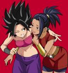  2girls :d ;d arm_around_shoulder bang bare_arms bare_shoulders belt black_eyes black_hair blush bracelet breasts caulifla chuya_hukuaka clenched_teeth commentary_request cowboy_shot dragon_ball dragon_ball_super earrings eyebrows_visible_through_hair eyes_visible_through_hair finger_gun fingernails happy high_ponytail highres jewelry kale_(dragon_ball) medium_breasts multiple_girls one_eye_closed open_clothes open_mouth pants pink_tubetop ponytail purple_pants red_background red_shirt red_skirt shaded_face shirt simple_background skirt smile spiked_hair standing strapless teeth thighs tubetop upper_body upper_teeth 