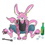  2019 3_fingers alcohol anthro barefoot beverage bottle buckteeth cigarette claws clothed clothing demon digital_drawing_(artwork) digital_media_(artwork) drunk ear_piercing feet front_view fur grin hi_res horn jewelry lagomorph long_ears madlag male mammal markings pawpads piercing pink_fur rabbit ring scar signature sitting skull smile solo solo_focus spade spade_tail tattoo teeth toe_claws toes tools watch wrench 
