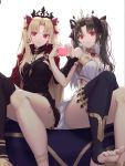  absurdres armlet asymmetrical_legwear asymmetrical_sleeves bangs bare_shoulders between_breasts black_cape black_hair black_legwear blonde_hair blush breasts bridal_gauntlets buckle cape crown detached_collar dress earrings elbow_gloves ereshkigal_(fate/grand_order) eyebrows_visible_through_hair fate/grand_order fate_(series) fur-trimmed_cape fur_trim gloves hair_ribbon heart heart_hands hiera12 highres hoop_earrings ishtar_(fate/grand_order) jewelry long_hair long_legs looking_at_viewer medium_breasts multicolored multicolored_cape multicolored_clothes multiple_girls navel neck_ring necklace parted_bangs red_cape red_eyes ribbon sidelocks single_elbow_glove single_sleeve single_thighhigh sitting skull smile spine thighhighs tiara toeless_legwear two_side_up yellow_cape 