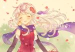  1girl 566zzz bird blue_scarf copyright_name dress elbow_gloves eyes_closed fire_emblem fire_emblem:_akatsuki_no_megami flower gloves hair_flower hair_ornament long_hair micaiah nintendo open_mouth petals scarf silver_hair sleeveless sleeveless_dress upper_body yune 