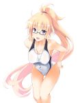  1girl :d absurdly_long_hair bangs black-framed_eyewear blonde_hair blue_eyes breasts cleavage collarbone competition_swimsuit cowboy_shot erect_nipples eyebrows_visible_through_hair fate/grand_order fate_(series) glasses hair_between_eyes high_ponytail jeanne_d&#039;arc_(fate)_(all) jeanne_d&#039;arc_(swimsuit_archer) large_breasts leaning_forward long_hair one-piece_swimsuit open_mouth rikudou_inuhiko semi-rimless_eyewear shiny shiny_hair simple_background smile solo standing swimsuit thigh_gap under-rim_eyewear very_long_hair whistle white_background white_swimsuit 