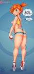  1girl ass bare_legs breasts butt_crack captainjerkpants creatures_(company) curvy female game_freak highres kasumi_(pokemon) looking_at_viewer looking_back nintendo nipples open_mouth orange_hair poke_ball pokemon pokemon_(anime) pokemon_(classic_anime) shiny shiny_skin short_shorts shorts side_ponytail solo 