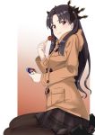  1girl :t absurdres black_bow black_footwear black_legwear black_skirt bow brown_coat brown_hair coat eating eyebrows_visible_through_hair fate/grand_order fate_(series) food hair_bow highres holding holding_food hood hood_down hooded_coat ishtar_(fate/grand_order) k-ya. loafers long_hair looking_at_viewer miniskirt pantyhose pleated_skirt red_eyes shiny shiny_hair shoes sitting skirt solo twintails very_long_hair wariza 