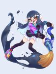  1girl ;d black_hair black_legwear brown_eyes domino_mask fangs full_body glasses inkbrush_(splatoon) inkling jtveemo legs_apart long_hair long_sleeves looking_at_viewer mask miniskirt multicolored multicolored_clothes multicolored_footwear one_eye_closed open_mouth paint paintbrush pleated_skirt pointy_ears red-framed_eyewear semi-rimless_eyewear shoes skirt smile solo splatoon splatoon_(series) splatoon_2 tentacle_hair thighhighs thighs under-rim_eyewear white_skirt zettai_ryouiki 