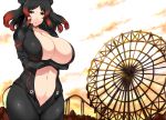  1girl animal_ears bangs black_eyes black_hair breast_hold breasts cleavage closed_mouth collared_jacket crossed_arms curvy day expressionless eyebrows_visible_through_hair ferris_wheel gloves groin half-closed_eyes hand_on_own_arm high_collar hippopotamus_(kemono_friends) hippopotamus_ears huge_breasts jacket kemono_friends looking_at_viewer medium_hair multicolored_hair navel no_bra open_clothes open_jacket outdoors pants parted_bangs red_hair skindentation sky solo standing stomach tsukasawa_takamatsu two-tone_hair upper_body wide_hips zipper_pull_tab 