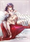  1boy 1girl breasts commentary dated english_commentary hetero kazama_jin lap_pillow ling_xiaoyu long_hair medium_breasts muscle naked_sheet nipples nude on_bed red_eyes ryo_(ryoxkj) shoulder_tattoo signature sleeping sleeping_on_person tattoo tekken toes twintails 