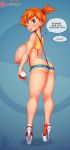  1girl ass bare_legs breasts butt_crack captainjerkpants creatures_(company) curvy female game_freak highres kasumi_(pokemon) looking_at_viewer looking_back nintendo nipples open_mouth orange_hair poke_ball pokemon pokemon_(anime) pokemon_(classic_anime) shiny shiny_skin short_shorts shorts side_ponytail solo 