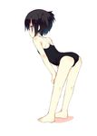  ass barefoot bent_over black_hair competition_school_swimsuit full_body looking_back meito_(maze) one-piece_swimsuit original purple_eyes school_swimsuit short_hair solo swimsuit twintails 