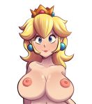  1girl blonde_hair blue_eyes blush breasts closed_mouth collarbone crown earrings female highres huge_breasts jewelry long_hair looking_at_viewer mario_(series) navel nipples nose_blush nude pink_lips princess_peach shiny shiny_hair simple_background smile solo steecks super_mario_bros. upper_body white_background 