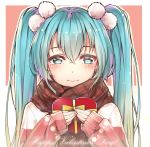  1girl blue_eyes blue_hair blush box brown_scarf floating_hair gradient_hair green_hair hair_between_eyes hair_ornament happy_valentine hatsune_miku heart-shaped_box holding holding_box long_hair long_sleeves looking_at_viewer multicolored_hair rhode scarf shiny shiny_hair smile solo sweater two-tone_hair upper_body very_long_hair vocaloid 
