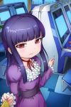  arcade arcade_cabinet black_hair chair clothes_pull crazypen dress frills high_score_girl highres indoors long_hair long_sleeves looking_at_viewer neck_ribbon oono_akira pointing puffy_long_sleeves puffy_sleeves purple_dress red_eyes red_ribbon ribbon tile_floor tiles white_neckwear 