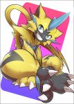  3_toes abstract_background ambiguous_gender anthro blue_eyes blush claws digital_media_(artwork) felid fur kicktyan legendary_pok&eacute;mon looking_at_viewer mammal nintendo open_mouth pawpads paws pok&eacute;mon pok&eacute;mon_(species) solo toe_claws toes video_games zeraora 