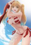  1girl aestus_estus ahoge bangs bare_shoulders bikini blue_sky blush breasts cleavage criss-cross_halter fate/extra fate/grand_order fate_(series) green_eyes hair_between_eyes hair_intakes halterneck highres large_breasts long_hair looking_at_viewer navel nero_claudius_(fate)_(all) nero_claudius_(swimsuit_caster)_(fate) open_mouth red_bikini sky smile solo striped striped_bikini sunlight swimsuit thighs twintails urigarasu 