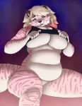  2019 absurd_res anthro belly big_breasts big_thighs bilabee blue_eyes bottomless breasts clothed clothing clothing_lift digital_media_(artwork) felid feline felis female fur hair hi_res huge_breasts humanoid_hands looking_at_viewer mammal marziepie navel open_mouth overweight pantherine pink_fur shirt shirt_lift smile solo spots stripes thick_thighs tiger tongue under_boob voluptuous white_fur wide_hips 