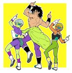  1girl 2boys :d armor bike_shorts black_hair boots broly_(dragon_ball_super) cheelai chuya_hukuaka commentary_request dancing dragon_ball dragon_ball_super_broly fanny_pack fingernails full_body ginga_patrol_jaco gloves green_legwear hat highres index_finger_raised jaco_teirimentenpibosshi_pose leg_up lemo_(dragon_ball) looking_at_viewer looking_back multiple_boys nervous open_mouth outstretched_arms purple_eyes purple_legwear scar scouter shirtless short_hair simple_background smile standing sweatdrop two-tone_background white_background white_gloves white_hair yellow_background 